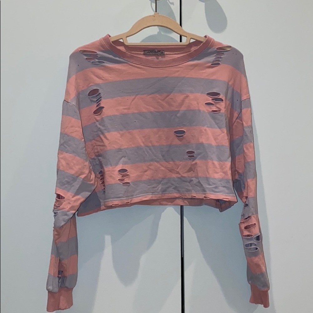 CRAZY $: LF CARMAR CROPPED DISTRESSED STRIPED TOP